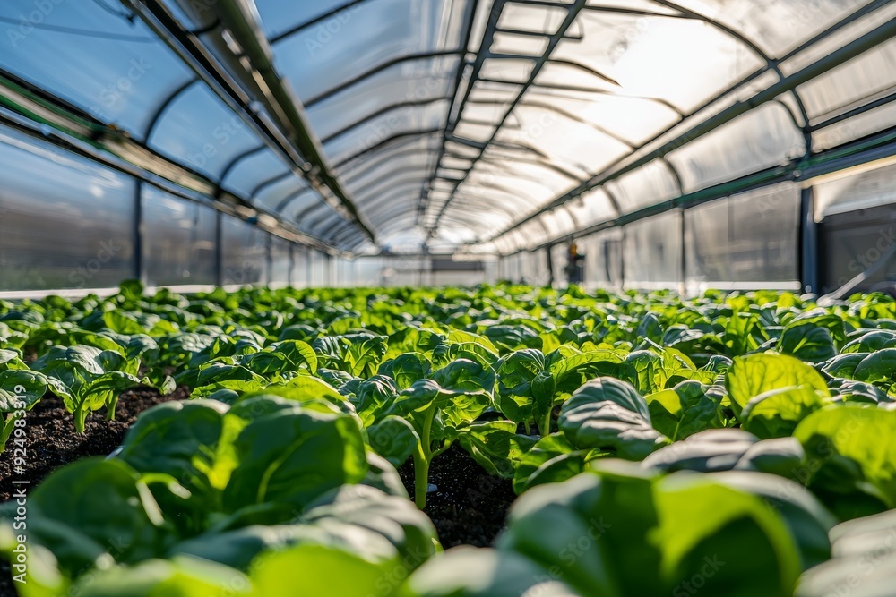 A high-tech greenhouse that uses AI to monitor plant health and optimize growing conditions, maximizing food production while minimizing water and energy use, representing sustainable agriculture A high-tech greenhouse that uses AI to monitor plant health and optimize growing conditions, maximizing food production while minimizing water and energy use, representing sustainable agriculture