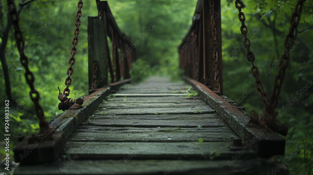 Rustic Wooden Bridge Through Lush Green Forest - A weathered wooden bridge with rusty chains leads through a vibrant green forest, symbolizing nature's resilience, paths forward, a journey through nat Rustic Wooden Bridge Through Lush Green Forest - A weathered wooden bridge with rusty chains leads through a vibrant green forest, symbolizing nature's resilience, paths forward, a journey through nat
