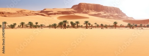 View of an oasis in the Sahara desert at sunset, Djanet, Algeria, Africa. photo