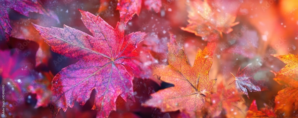 Vibrant autumn leaves in stunning hues of red and orange, capturing the essence of fall in a dreamy, colorful backdrop.