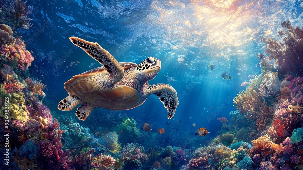 Obraz premium Sea Turtle Swimming Through Coral Reef with Sunbeams - A sea turtle swims gracefully through a vibrant coral reef, bathed in sunlight, symbolizing marine life, conservation, tropical paradise, and the
