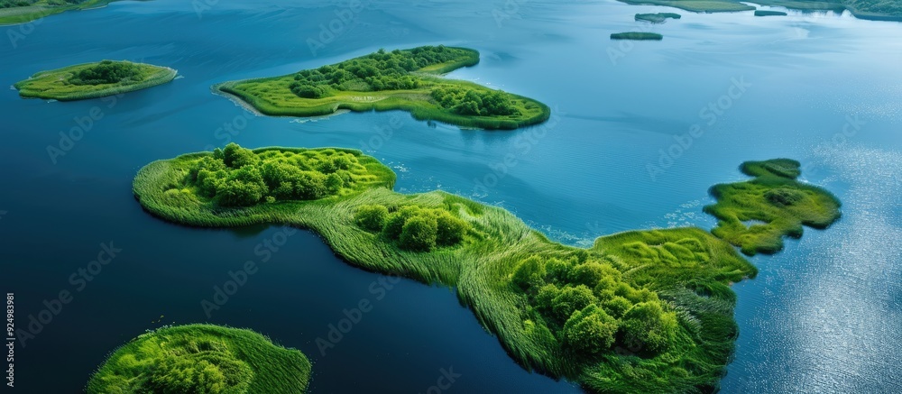 An aerial view of tiny islands covered in lush green reeds surrounded by blue lake water with ample copy space image