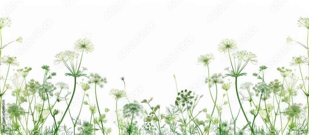 A detailed view of a blooming dill Anethum graveolens herb in the summer with a blank area for adding text or images. Copy space image. Place for adding text and design