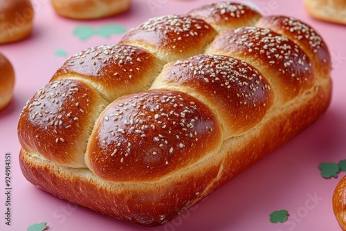 Freshly Baked Braided Bread Loaf with Sesame Seeds on Pink Background