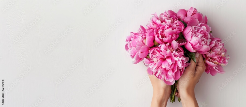 Capturing a stunning bouquet of blooming pink peonies held in hands against a white backdrop with space for text. Copy space image. Place for adding text and design Capturing a stunning bouquet of blooming pink peonies held in hands against a white backdrop with space for text. Copy space image. Place for adding text and design