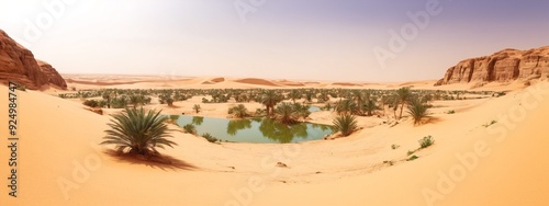 View of an oasis in the Sahara desert at sunset, Djanet, Algeria, Africa. photo