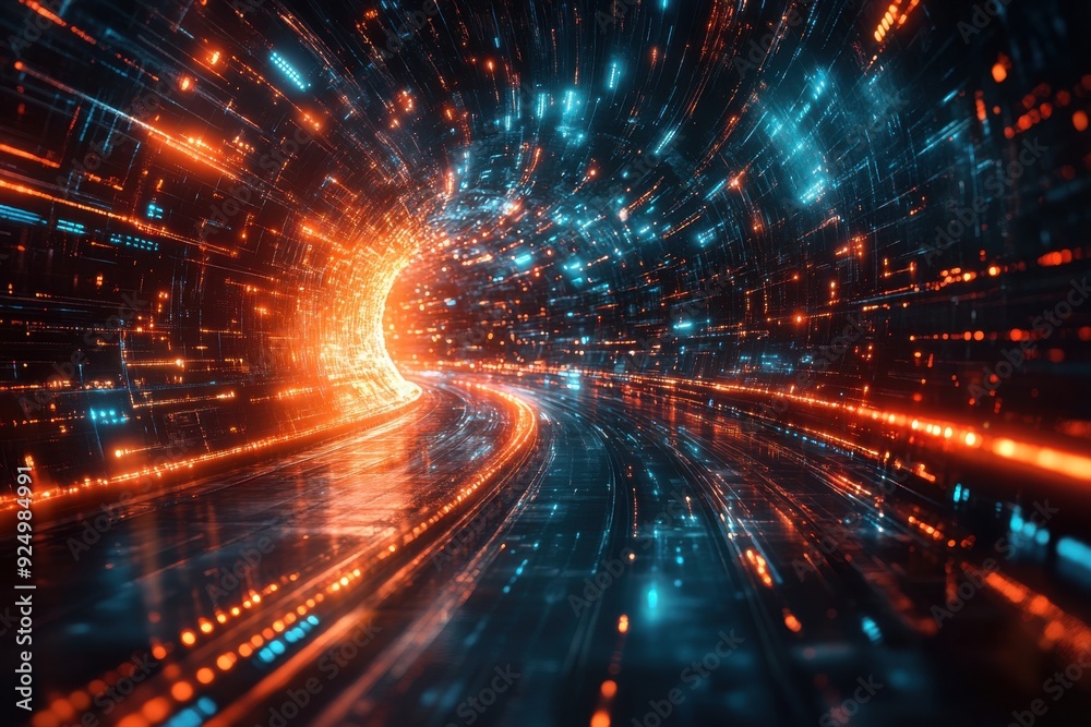 Futuristic Neon Tunnel with Dynamic Light Trails and Digital Effects in a Sci-Fi Environment Futuristic Neon Tunnel with Dynamic Light Trails and Digital Effects in a Sci-Fi Environment
