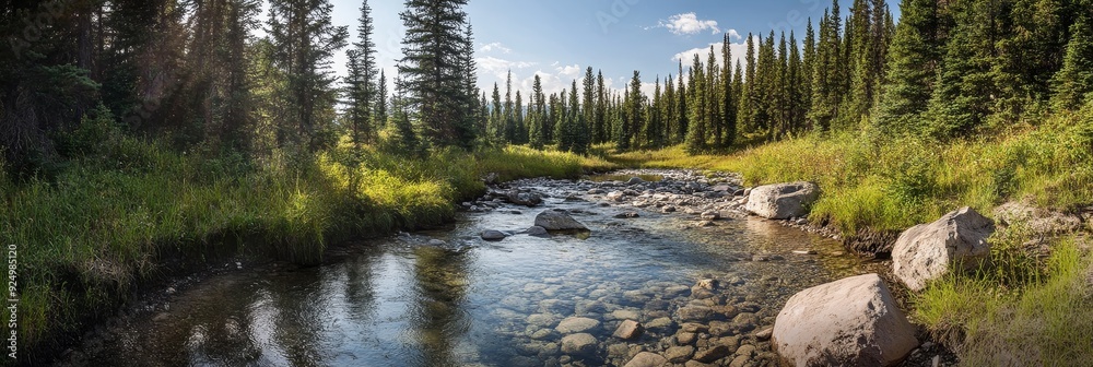 Serene Stream Flowing Through a Lush Forest - A tranquil stream meanders through a dense forest, surrounded by lush greenery and towering trees. The water is crystal clear and reflects the surrounding Serene Stream Flowing Through a Lush Forest - A tranquil stream meanders through a dense forest, surrounded by lush greenery and towering trees. The water is crystal clear and reflects the surrounding