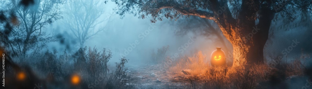 Fototapeta premium A serene landscape featuring a glowing lantern nestled among trees, shrouded in mist and illuminated by warm light.