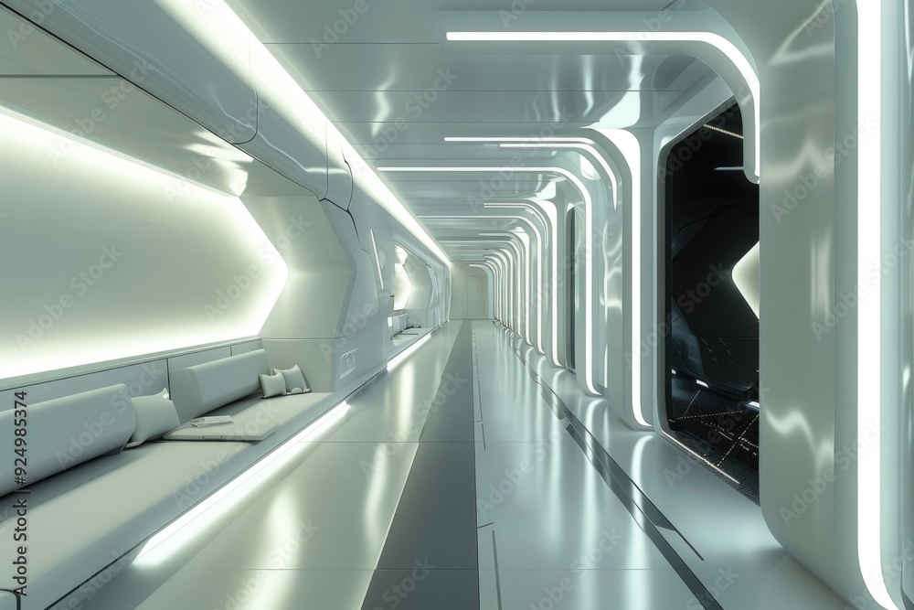 Obraz premium Sleek corridor with contemporary lighting and futuristic design