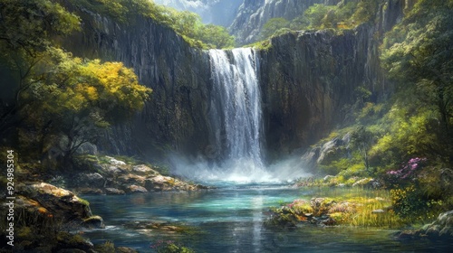 Serene Waterfall in a Lush Forest - A majestic waterfall cascades down a rocky cliff face into a crystal-clear pool, surrounded by vibrant green foliage, symbolizing tranquility, nature, beauty, purit