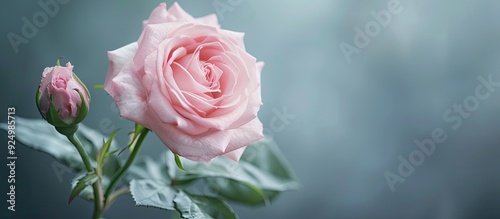 Soft pink rose stands out against a blurred gray background in a botanical garden Close up image showcasing the Rosa flower part of the Rosaceae Family with ample copy space