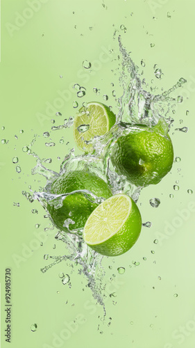 Fresh limes in a water explosion against a light green background