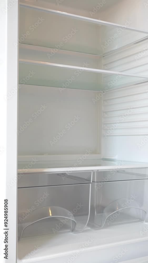 Fridge door opens and closes. Empty open fridge interior Fridge door opens and closes. Empty open fridge interior