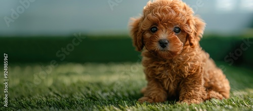 Fluffy red Toy Poodle puppy sitting on green grass adorable as it gazes into the camera perfect for a copy space image domestic pet