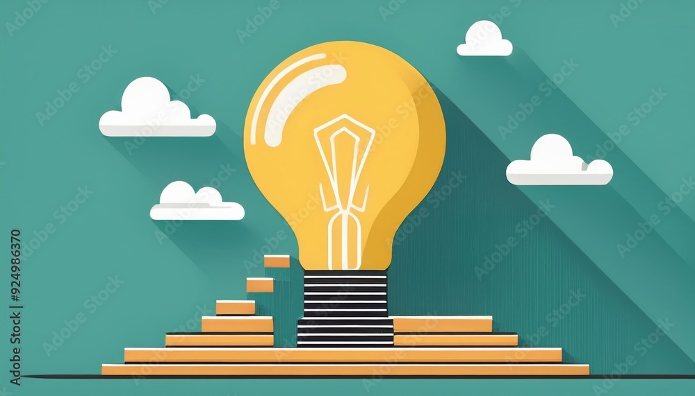 Creative light bulb illustration with steps, symbolizing innovation and progress, on a green background with clouds. Creative light bulb illustration with steps, symbolizing innovation and progress, on a green background with clouds.