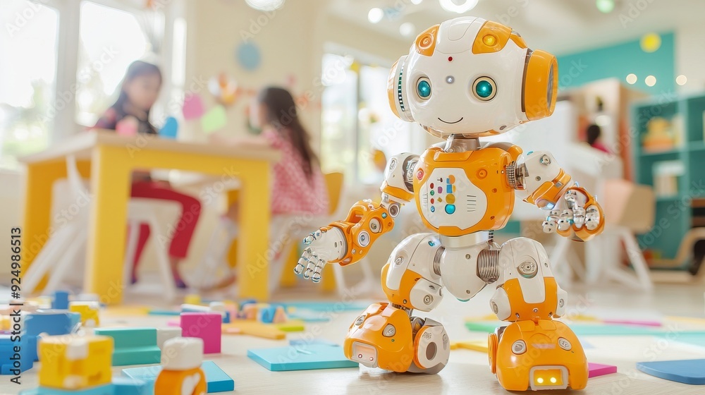 Obraz premium Friendly Robot in a Colorful Classroom: A friendly, yellow and white robot interacts with children in a bright and colorful classroom setting, promoting themes of education, technology, and play. The 