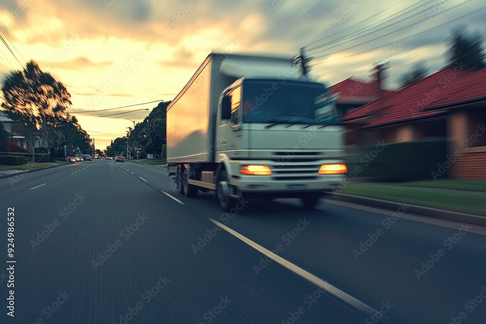 Obraz premium Transport truck speeding along a quiet suburban road, with motion blur creating a sense of urgency and efficiency in last-mile delivery services