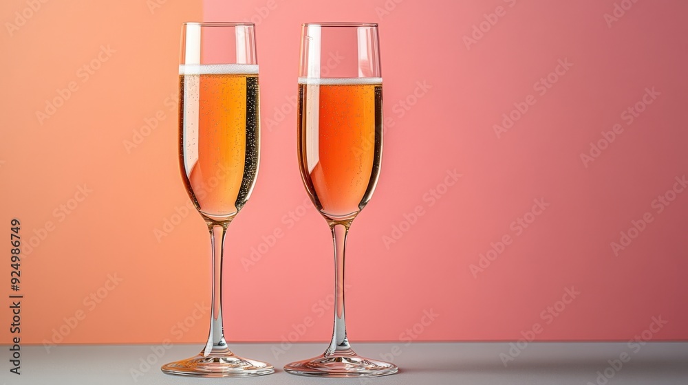 Elegant Champagne Flutes with Sparkling Wine Against a Gradient Pink and Orange Background Elegant Champagne Flutes with Sparkling Wine Against a Gradient Pink and Orange Background