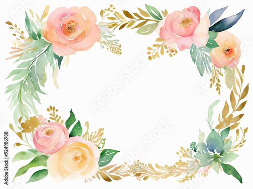 A blank wedding invitation adorned with a watercolor floral frame