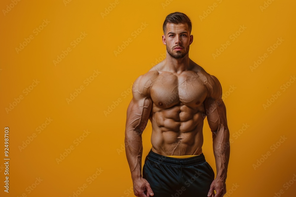 Fototapeta premium Fit man with a muscular build confidently presenting, solid color background emphasizing both his mental sharpness and physical strength in a powerful pose