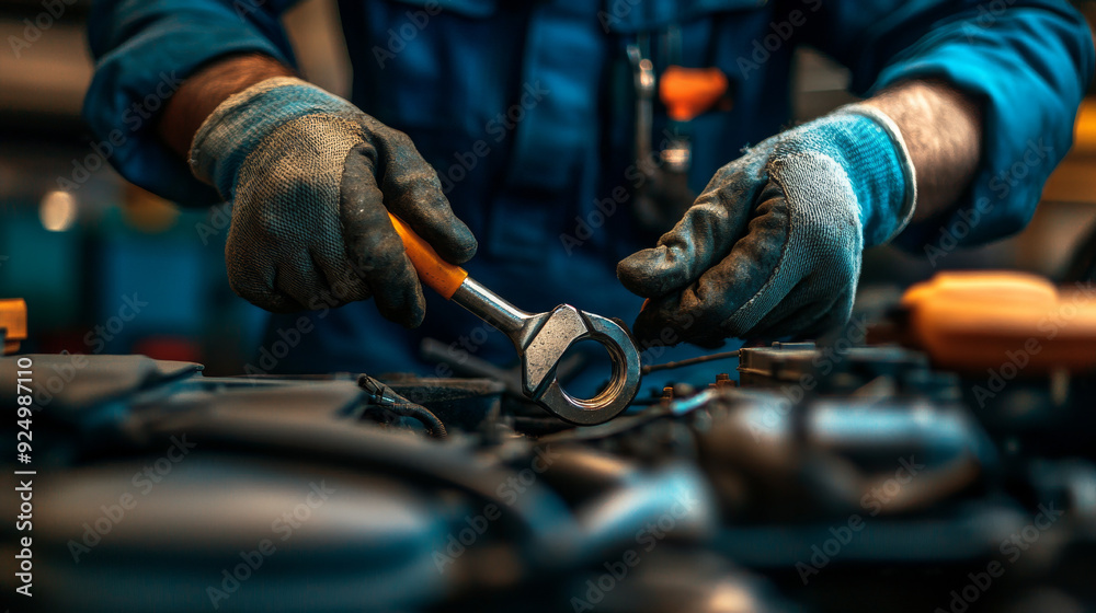 Auto mechanic repairing a malfunctioning engine in a service garage. The image, wide and panoramic, highlights transport maintenance with a focus on the wrench and detailed work. Auto mechanic repairing a malfunctioning engine in a service garage. The image, wide and panoramic, highlights transport maintenance with a focus on the wrench and detailed work.