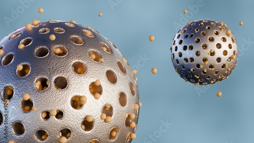 3D rendering of mesoporous silica nanoparticles actively releasing encapsulated nanomedicines. photo
