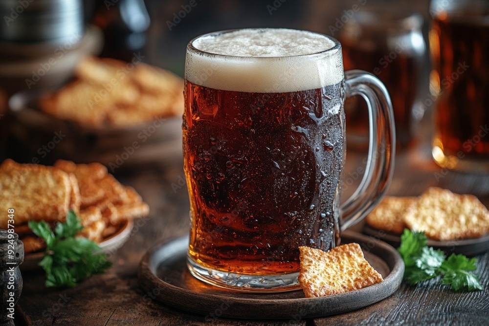 Beer mugs, snacks, nuts and dishes, Ai generated Beer mugs, snacks, nuts and dishes, Ai generated