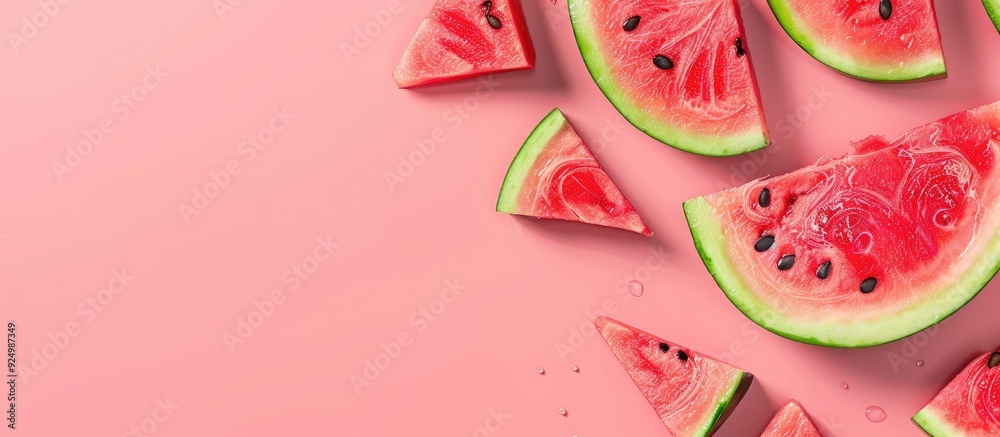 Top view of watermelon slices on a vibrant pink backdrop serving as a basic summer and holiday background with ample copy space image Top view of watermelon slices on a vibrant pink backdrop serving as a basic summer and holiday background with ample copy space image
