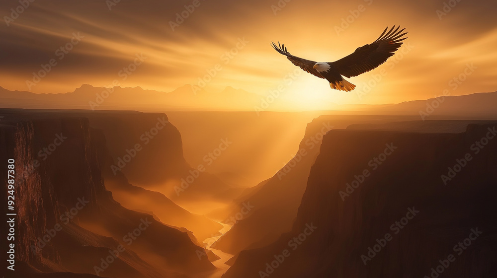 Naklejka premium Eagle Soaring Over Canyon at Sunset