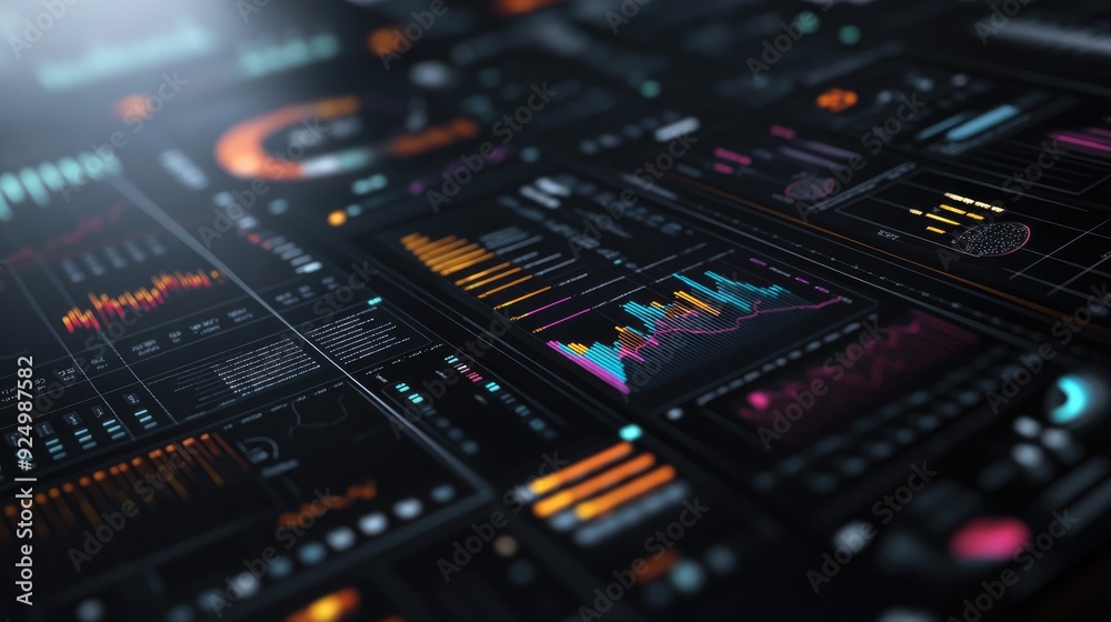 Digital financial portfolio, multiple charts, 3D illustration