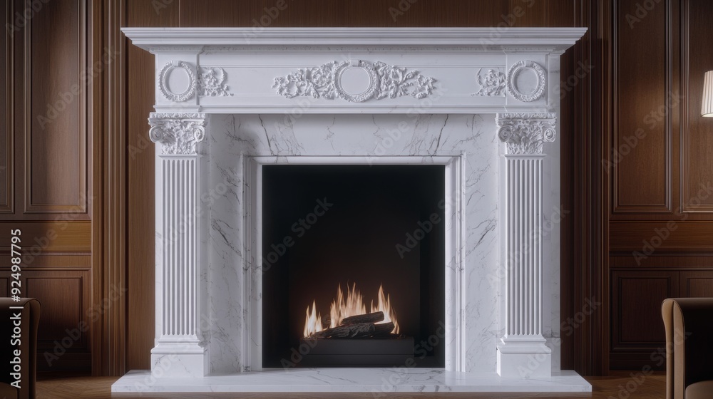 Elegant white marble fireplace with fire burning in a modern living room.