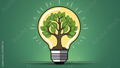 Illustration of a light bulb with a tree growing inside, symbolizing green energy and eco-friendly innovation on a green background.