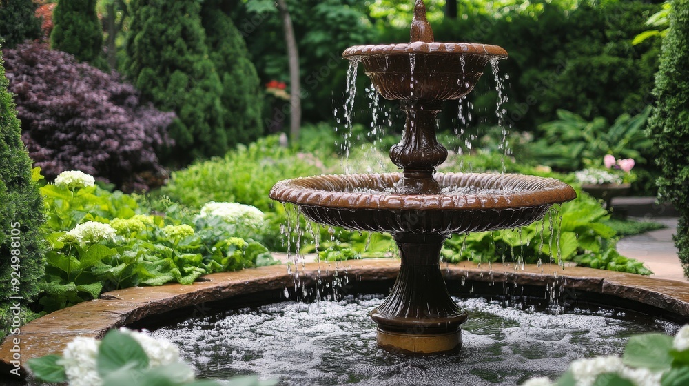 Tranquil Garden Fountain with Lush Greenery - A serene garden fountain ...