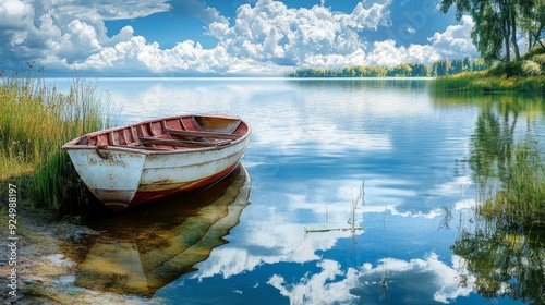 Tranquil Lake with Rowboat and Stunning Clouds - A small rowboat rests peacefully on the edge of a tranquil lake, reflecting the bright blue sky and fluffy clouds above. The serene scene evokes feelin photo