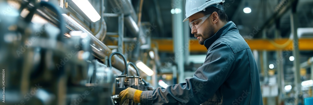 A factory worker in a hard hat and uniform operates a piece of machinery in a bustling industrial plant environment with metal pipes.