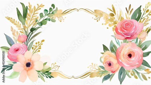 A blank wedding invitation adorned with a watercolor floral frame