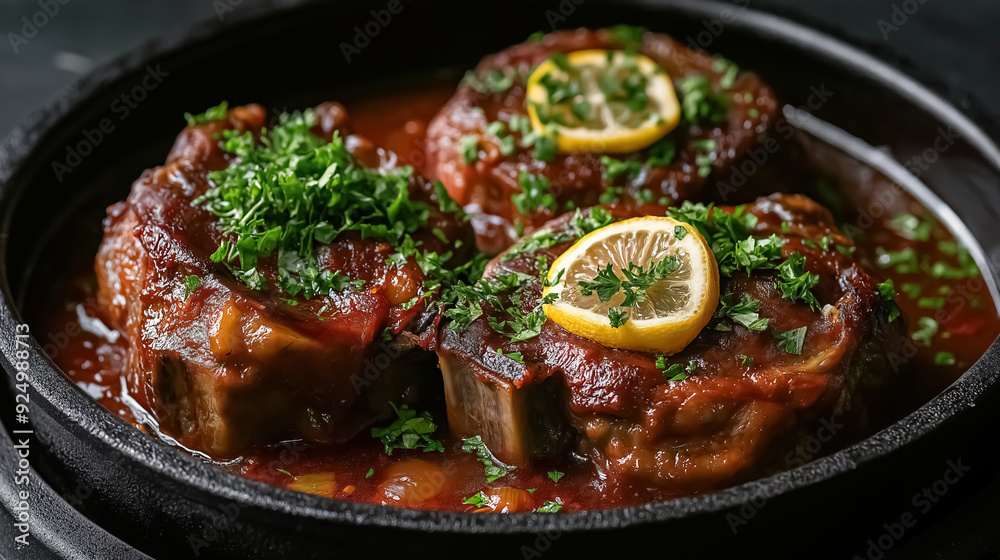 Osso Buco served on a black dish, the veal shanks cooked to perfection in a deep, flavorful sauce, garnished with parsley and lemon zest on a dark table Osso Buco served on a black dish, the veal shanks cooked to perfection in a deep, flavorful sauce, garnished with parsley and lemon zest on a dark table