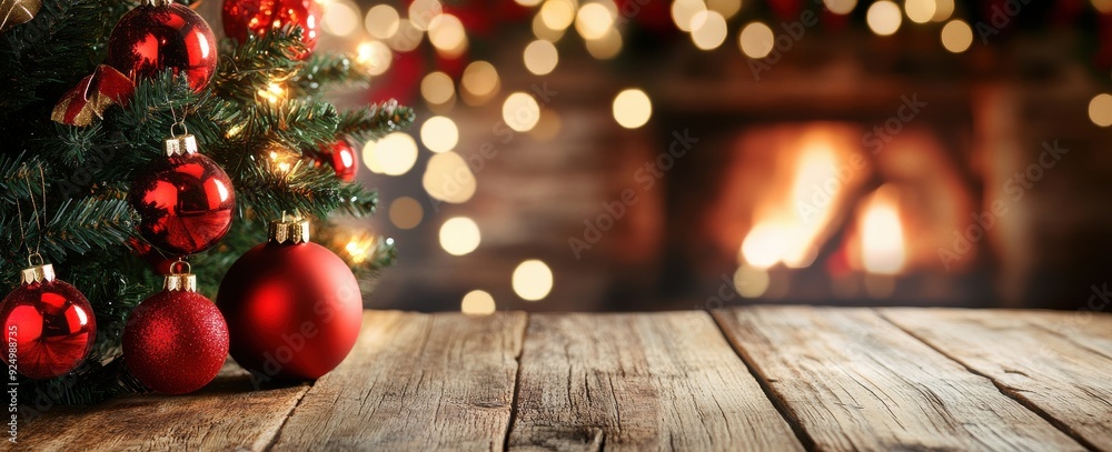 Christmas tree with red ornaments, bokeh lights and fireplace on wooden table in dark room with blurred background of home interior. Christmas tree with red ornaments, bokeh lights and fireplace on wooden table in dark room with blurred background of home interior.