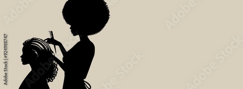 Silhouette icon hairsalon with female hairdresser with big afro hair doing a clients hair. Abstract illustration.  photo