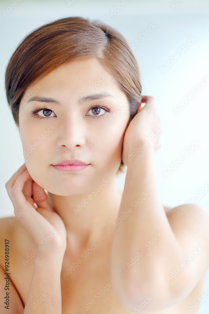 Portrait, woman and haircare in bathroom in house for hairstyle, morning routine and getting ready with confidence. Korean person, beauty and hair grooming in home for personal hygiene and wellness Portrait, woman and haircare in bathroom in house for hairstyle, morning routine and getting ready with confidence. Korean person, beauty and hair grooming in home for personal hygiene and wellness
