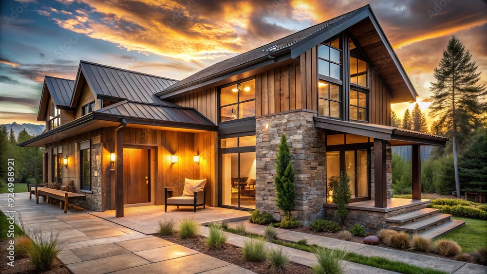 Obraz premium modern rustic charm exterior facade features weathered wood siding warm golden light soft focus natural textures earthy tones cozy retreat