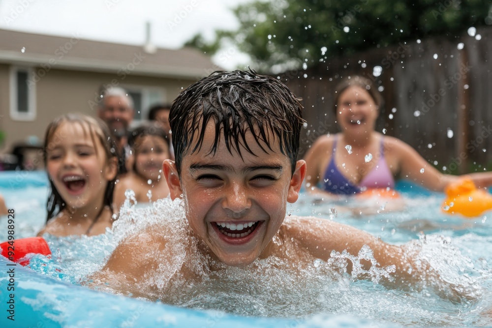 Children smile and enjoy a splash in a backyard pool, surrounded by family and friends, creating a lively and joyful atmosphere on a sunny day. Children smile and enjoy a splash in a backyard pool, surrounded by family and friends, creating a lively and joyful atmosphere on a sunny day.