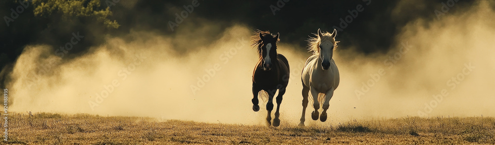 Two Horses Running Through Dust at Sunset - Two horses, one black and one white, run through a cloud of dust, symbolizing freedom, speed, power, nature, and adventure. Two Horses Running Through Dust at Sunset - Two horses, one black and one white, run through a cloud of dust, symbolizing freedom, speed, power, nature, and adventure.