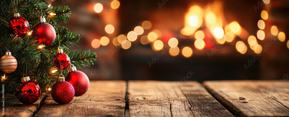 Christmas tree with red ornaments, bokeh lights and fireplace on wooden table in dark room with blurred background of home interior. Christmas tree with red ornaments, bokeh lights and fireplace on wooden table in dark room with blurred background of home interior.