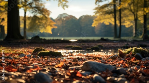 Wallpaper Mural Fall season festive background, forest floor covered with fallen leaves in motion and autumnal sun glowing and glittering through tree foliage - Autumn seasona  Torontodigital.ca