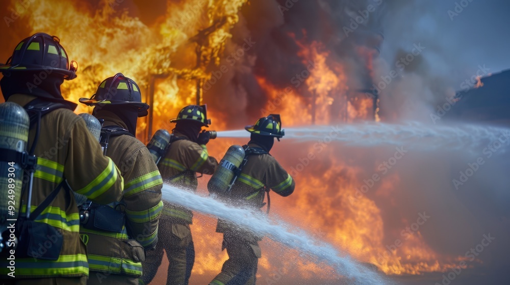 A group of firefighters working together to extinguish a fire A group of firefighters working together to extinguish a fire