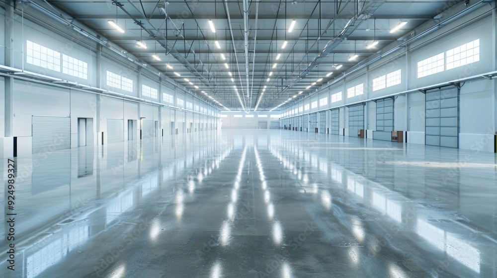 A bright, empty warehouse with polished floors and clear, natural light flooding in. The clean and organized environment showcases its smart design.