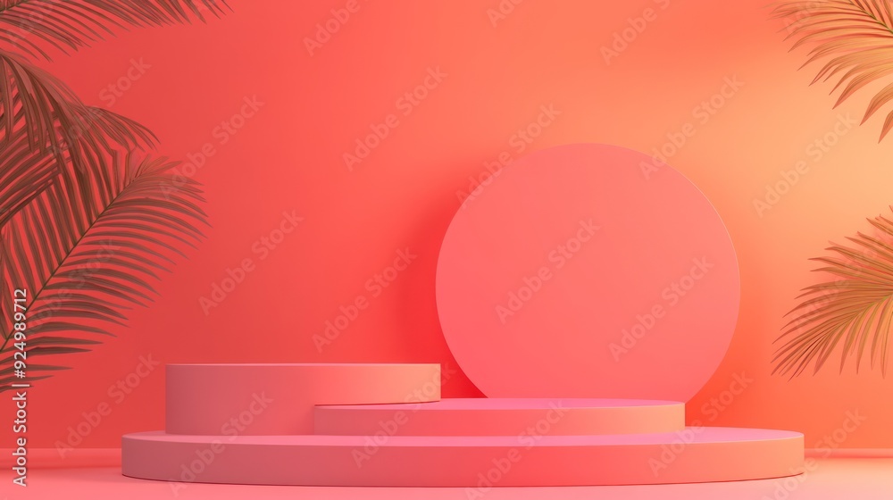 Abstract Minimalist 3D Render of a Pink Platform with Palm Tree Silhouettes Against a Gradient Background. Abstract Minimalist 3D Render of a Pink Platform with Palm Tree Silhouettes Against a Gradient Background.