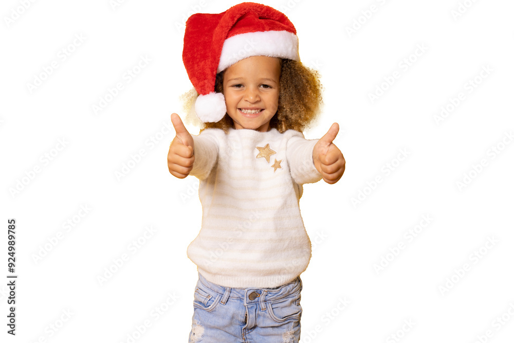 Portrait of a smiling little girl in santa hat showing thumbs up over transparent background. Portrait of a smiling little girl in santa hat showing thumbs up over transparent background.